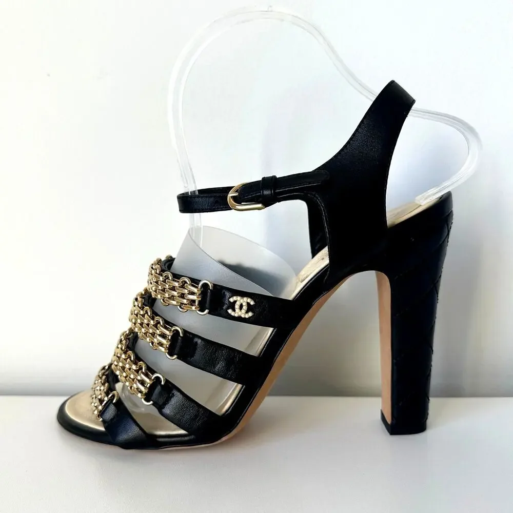 CHANEL CC Logo Black Lambskin Quilted Heels Gold Chain Strap Sandals IT 39